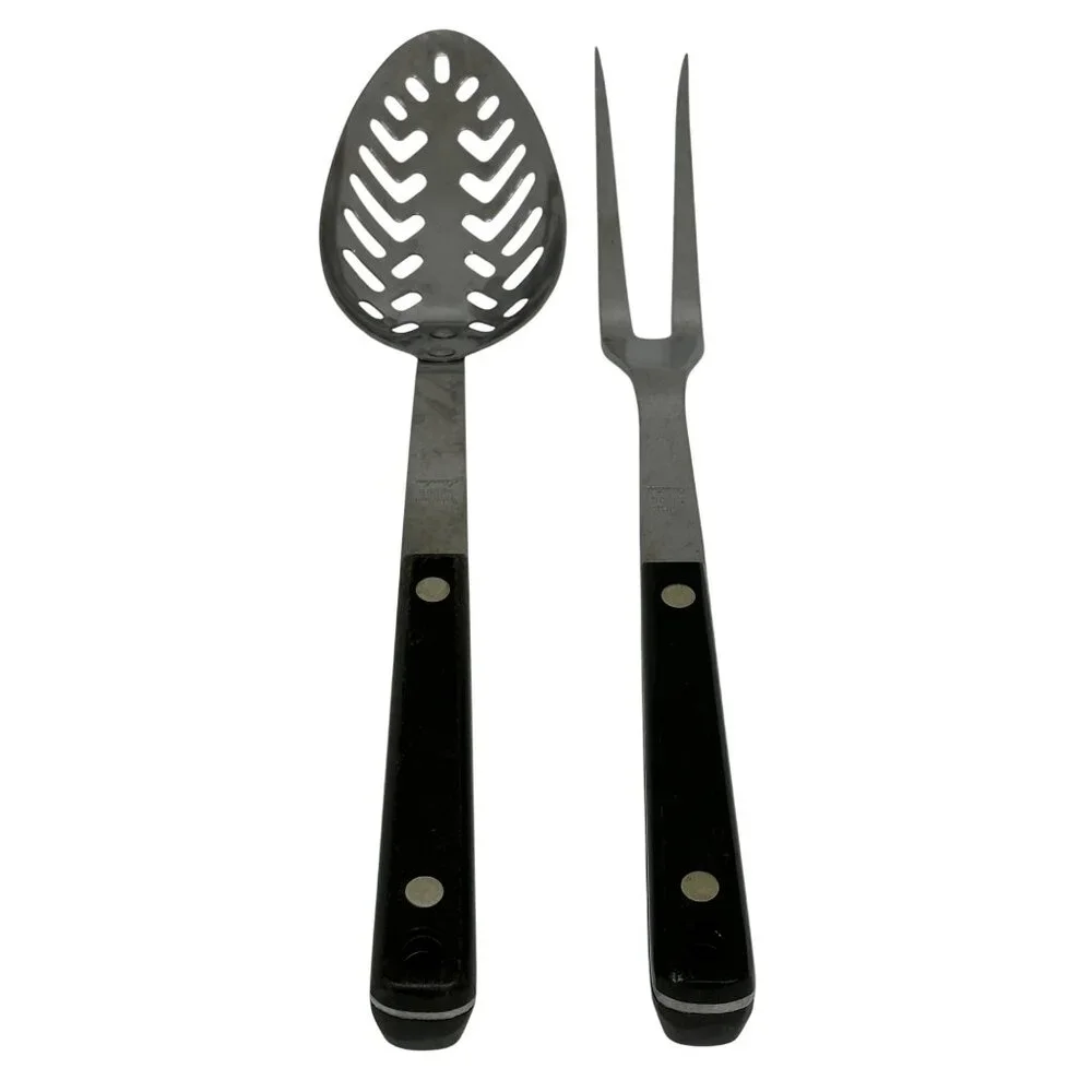 VTG Stainless Carving Set 2 Meat‎ Fork & Slotted Spoon Black Handle 12